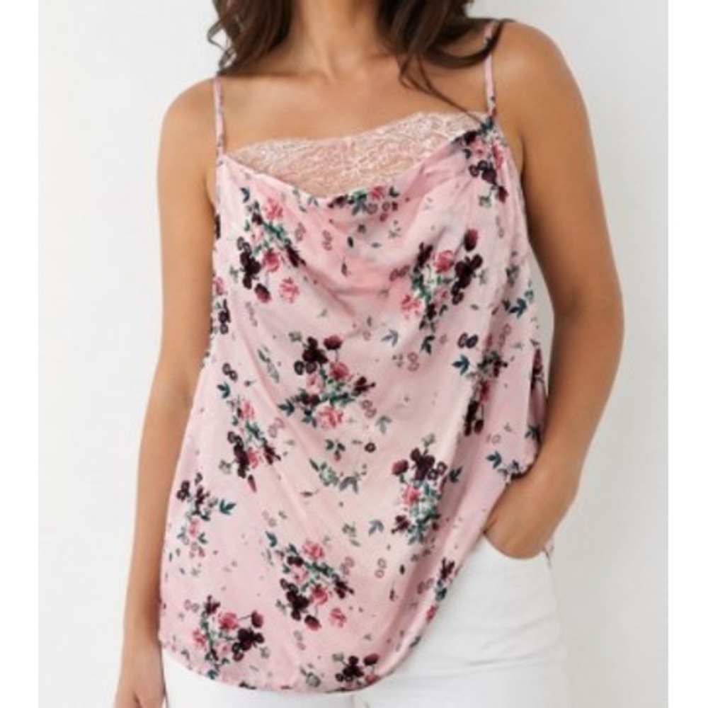 Ted Baker London Satin Camisole Top Womens XL Pink Floral Lace Trim Coquette